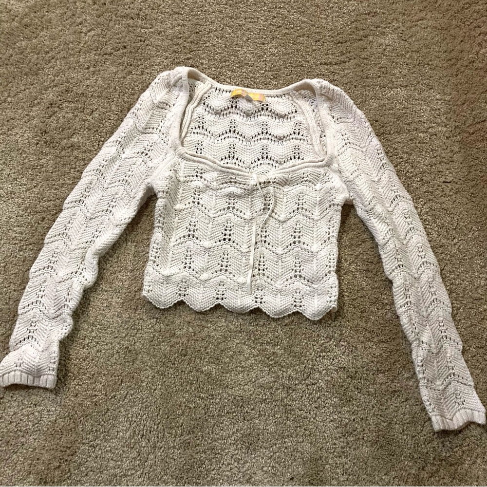 Urban Outfitters Cream Crochet Knit Long Sleeve Top
